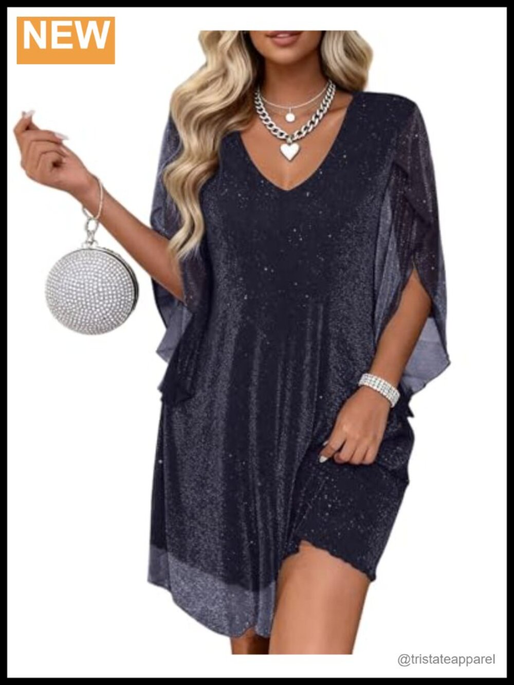 Sparkly V Neck 3/4 Sleeve Chiffon Cocktail Dress Knee Length
